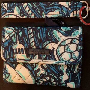 Vera Bradley RFID Outlet Euro Wallet Shore Enough Blue trifold Bonus Keychain
